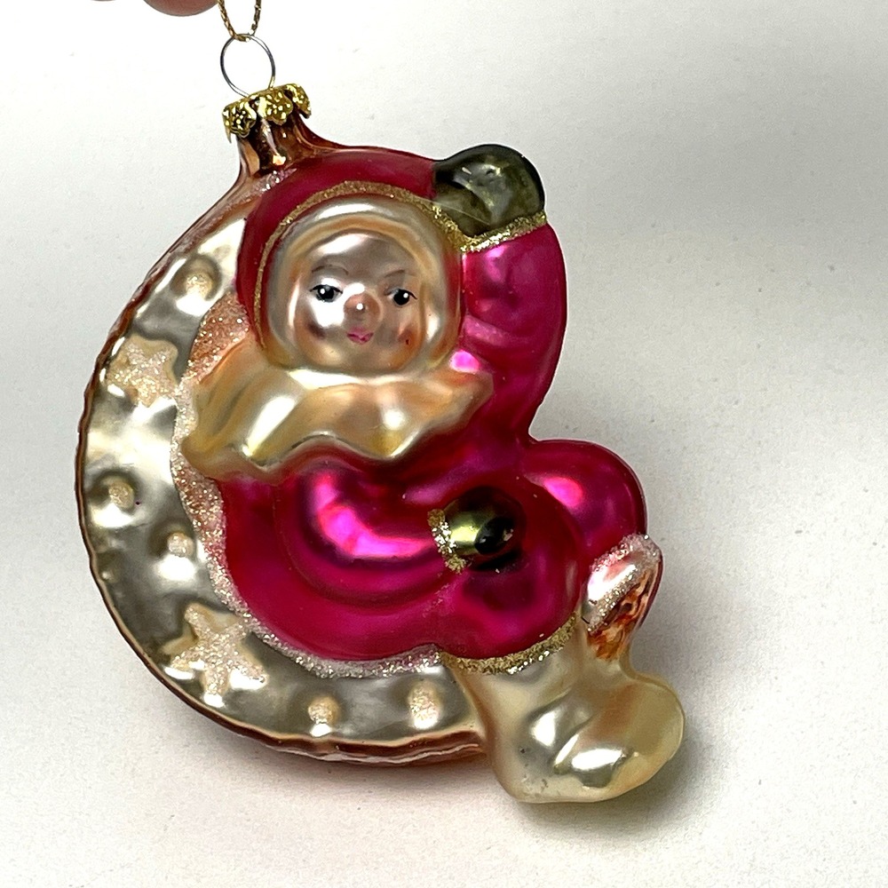 Child on Crescent Moon Blown Glass Christmas Ornament Pink Glitter Stars 4.5"